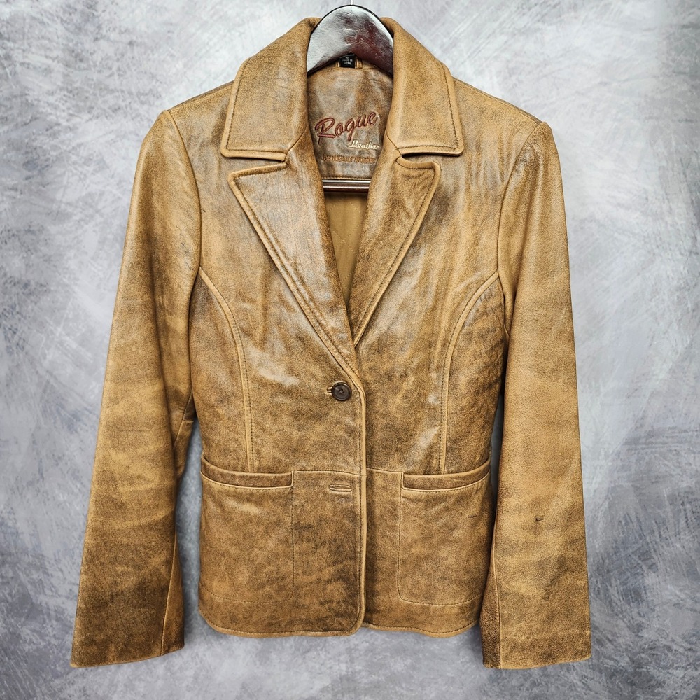 Vintage Y2K Distressed Brown Leather Blazer Coat Small Rogue Western Jacket